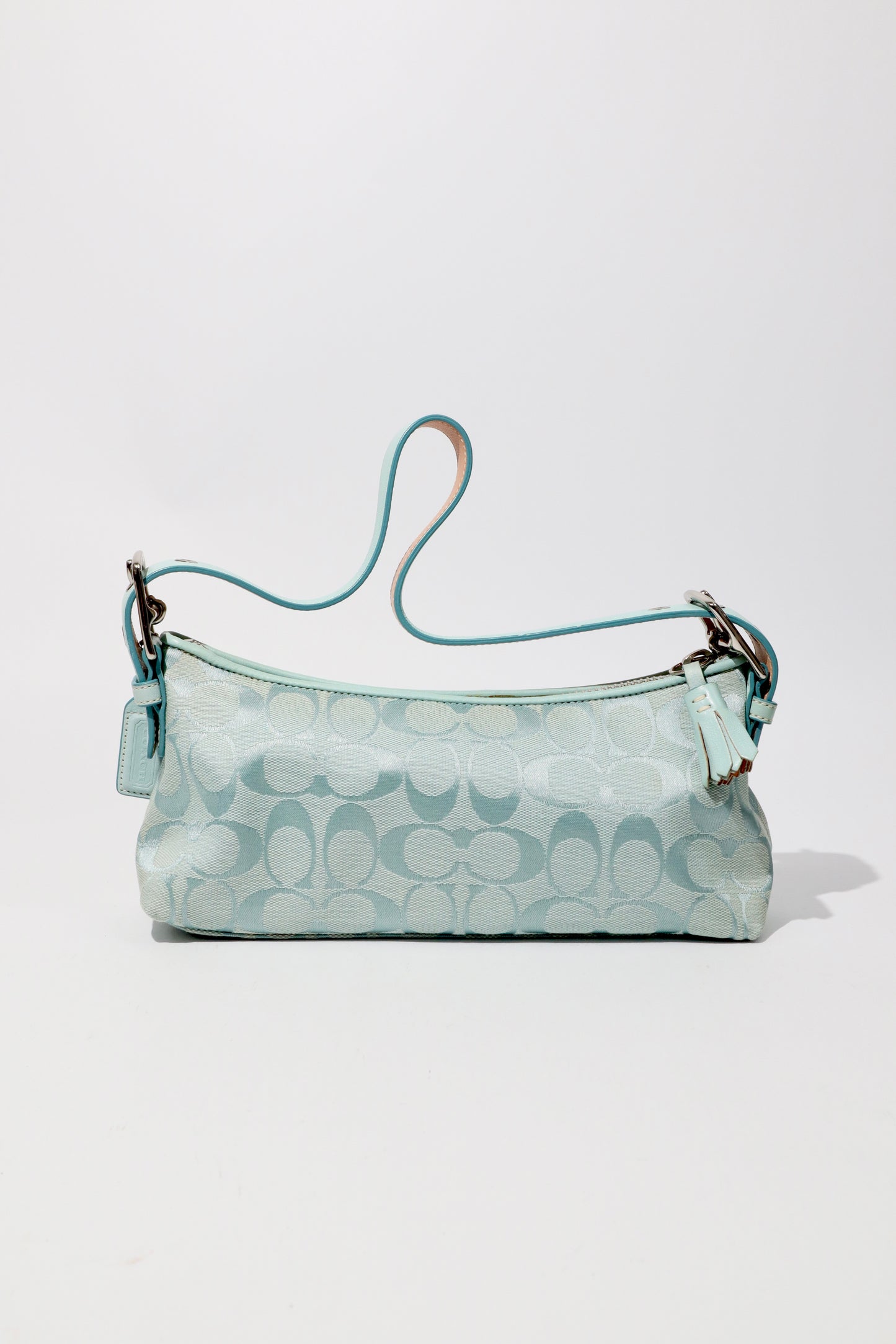Coach Vintage 2004 Turquoise Demi Shoulder Bag front view with leather and canvas design