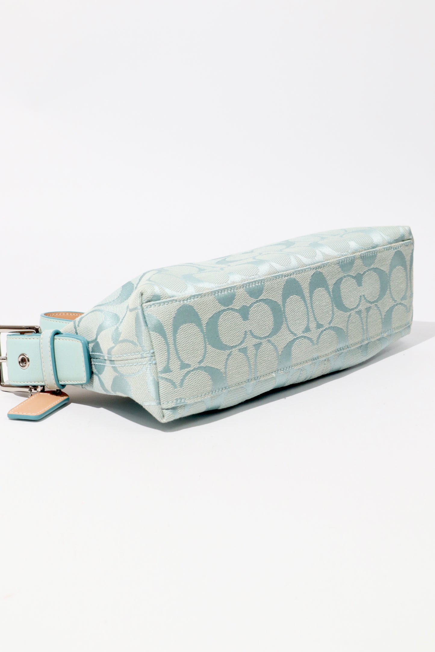 Coach Vintage 2004 Turquoise Demi Shoulder Bag bottom view with leather and canvas detail