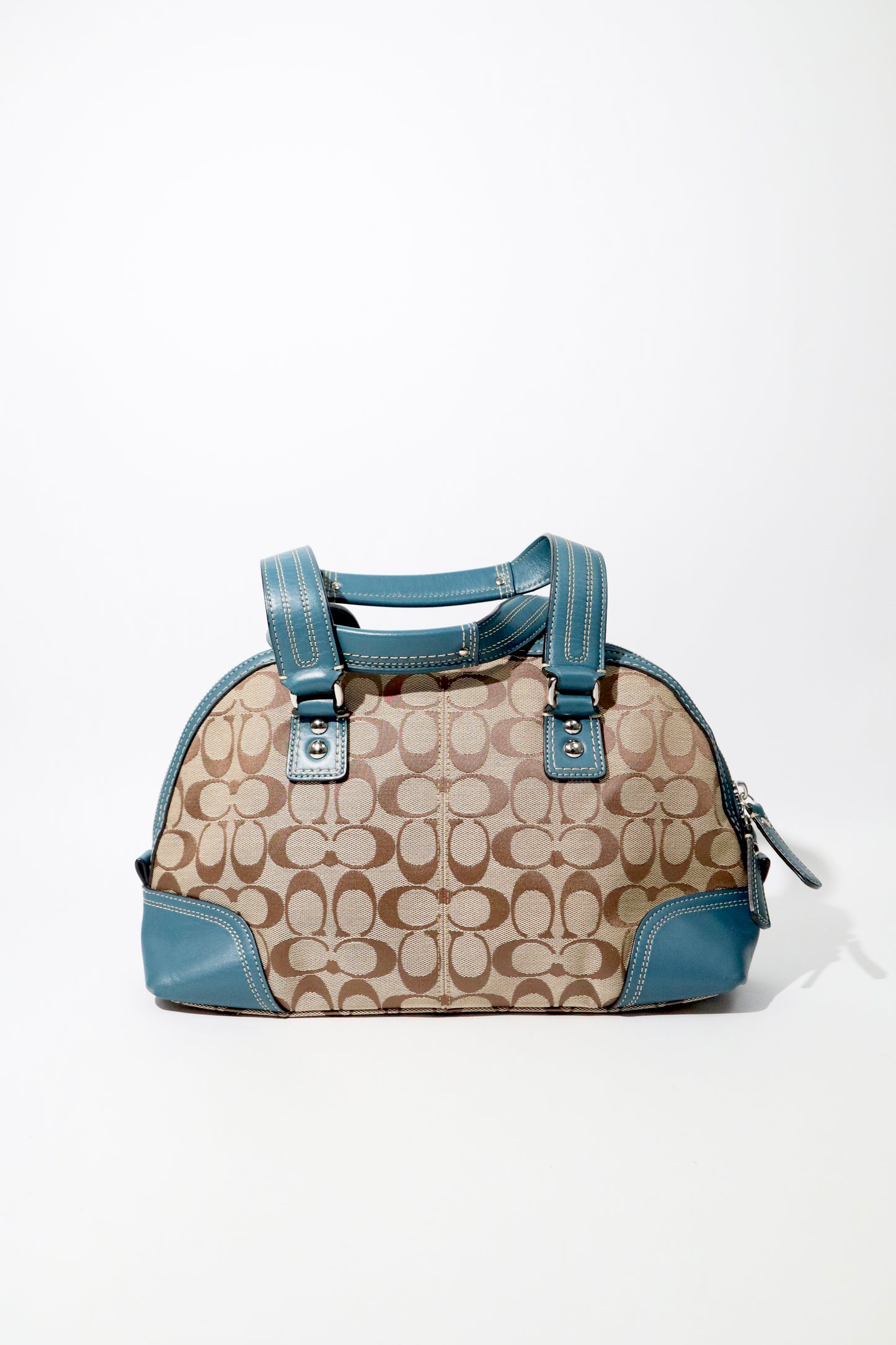 Vintage Coach Signature Print Satchel Handbag with Blue Leather Trim
