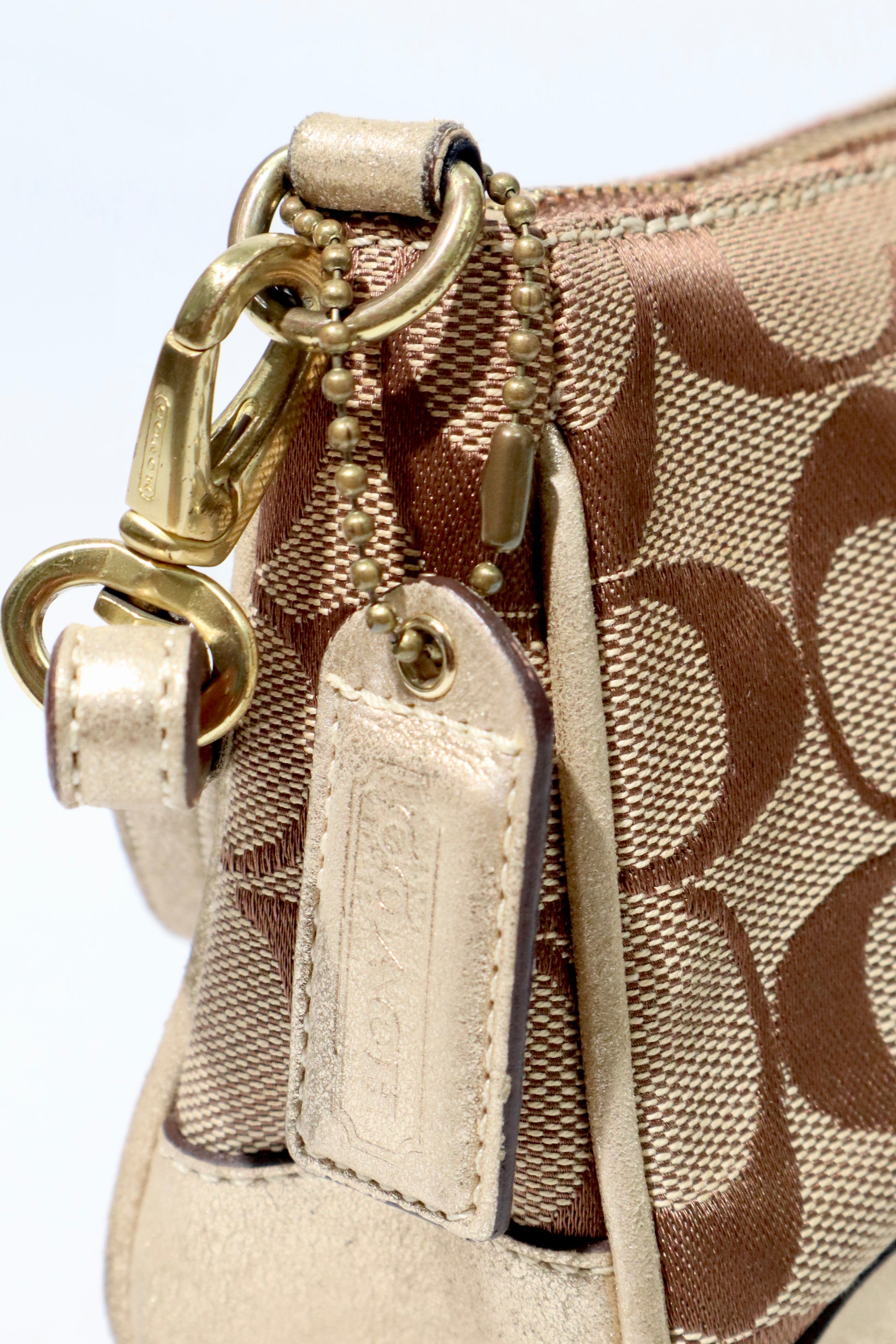 Coach Vintage 2005 Y2K Canvas Mini Pouch Brown & Gold side view with strap and hardware