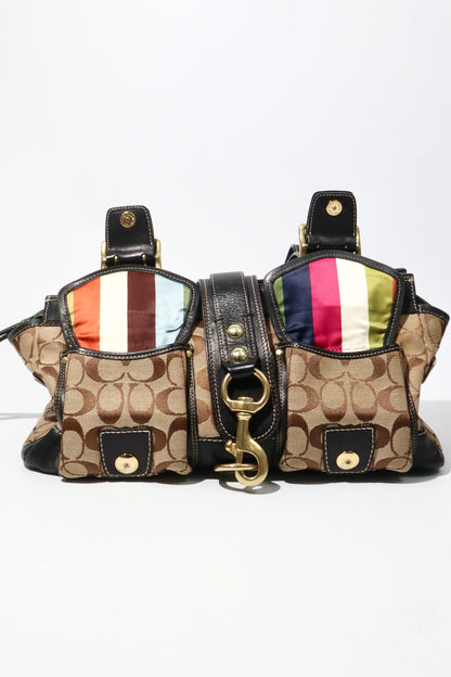 Coach Brown Signature 65th Anniversary Legacy Turnlock Rare Edition featuring canvas and leather design with satin lining