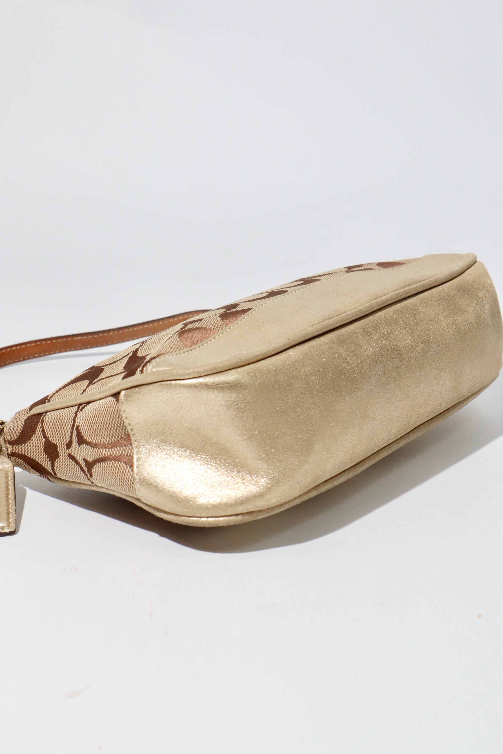 Coach Vintage 2005 Y2K Canvas Mini Pouch Brown & Gold bottom view showing leather base