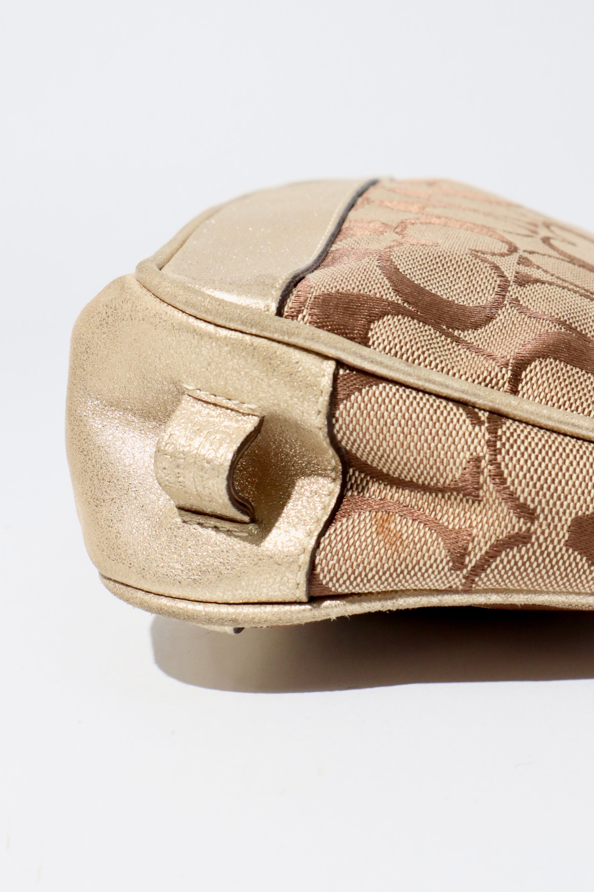 Coach Vintage 2005 Y2K Canvas Mini Pouch Brown & Gold close-up of canvas and stitching detail