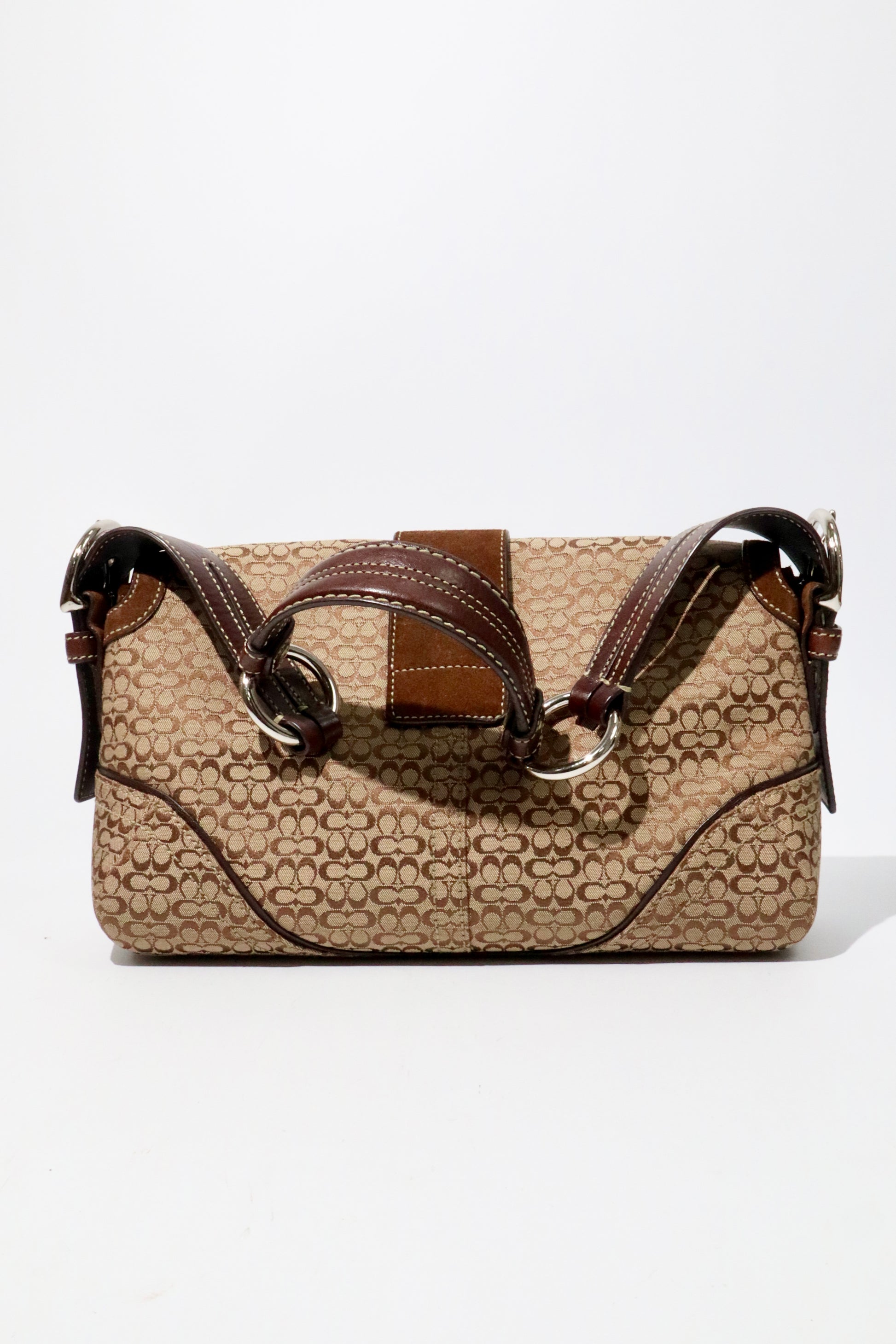 Coach 2005 Vintage Soho Buckle Shoulder Bag in Brown Suede back view with leather trim