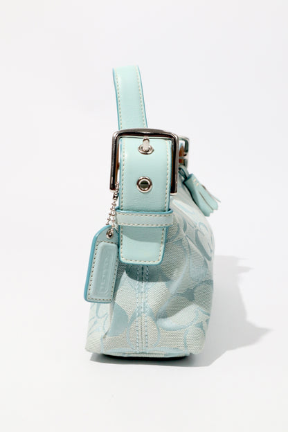 Coach Vintage 2004 Turquoise Demi Shoulder Bag standing upright showing structured shape