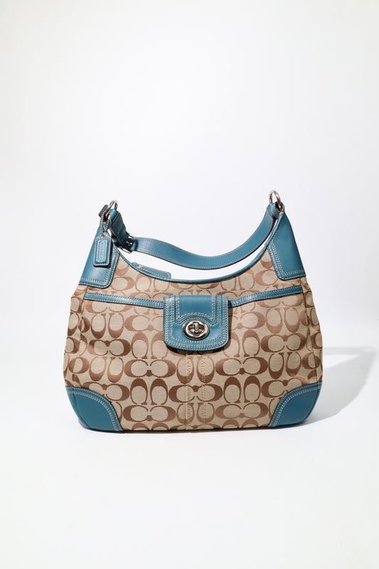 Vintage Coach Signature Gallery Tote / Gallery Shoulder Bag with blue leather trim and turnlock detail - Girl Seazon