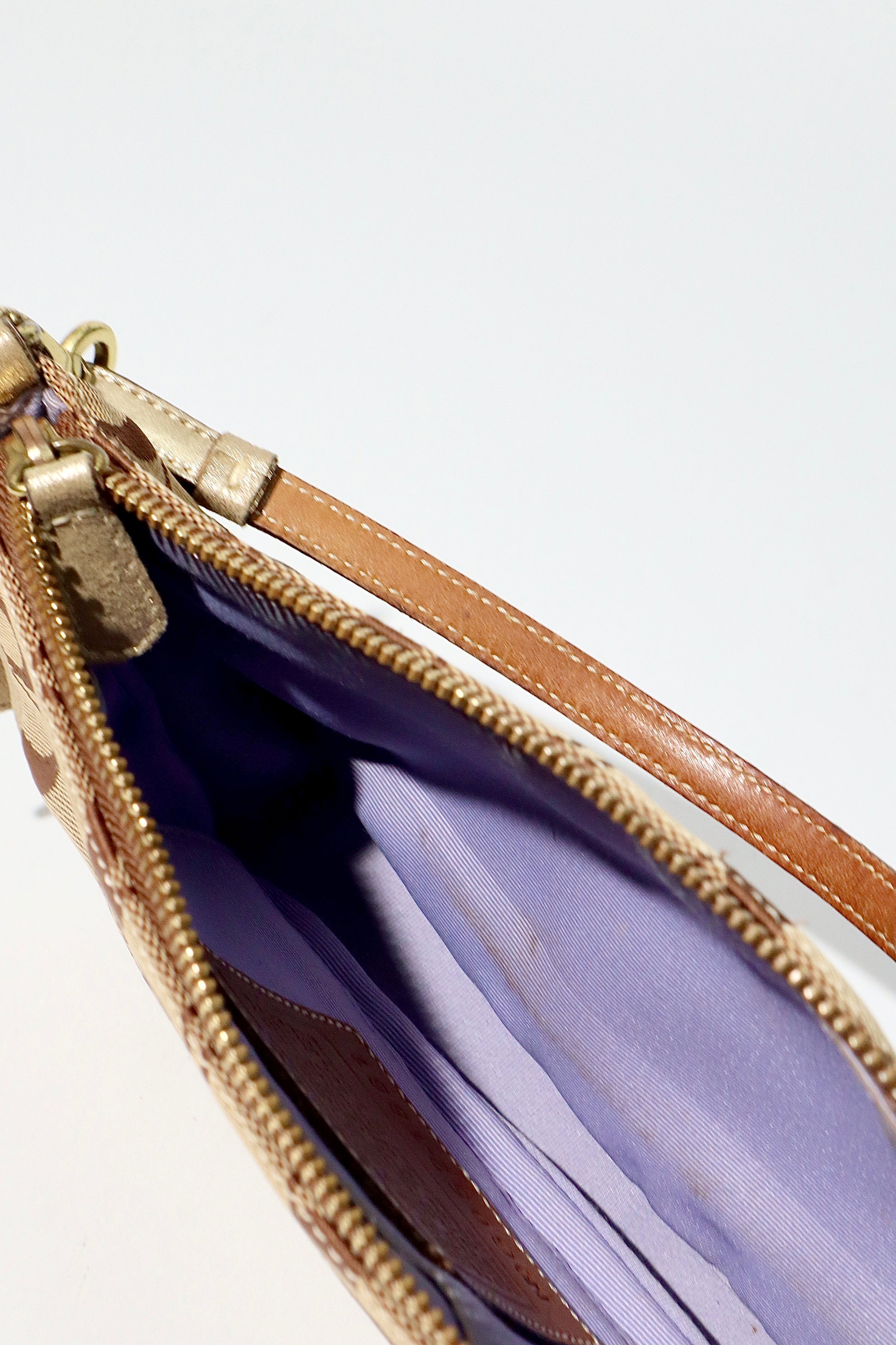 Coach Vintage 2005 Y2K Canvas Mini Pouch Brown & Gold side angle showing zipper and lining