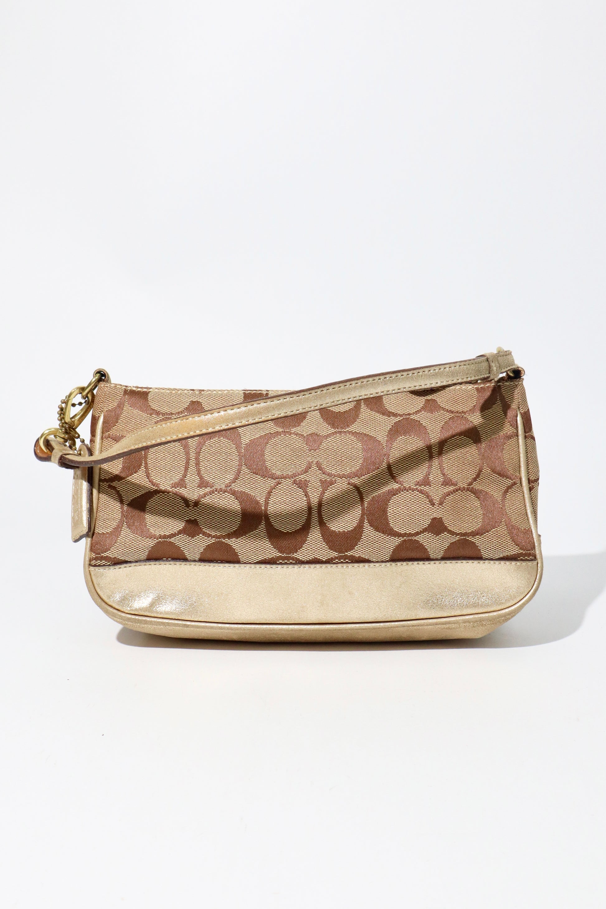 Coach Vintage 2005 Y2K Canvas Mini Pouch Brown & Gold back view with gold leather trim