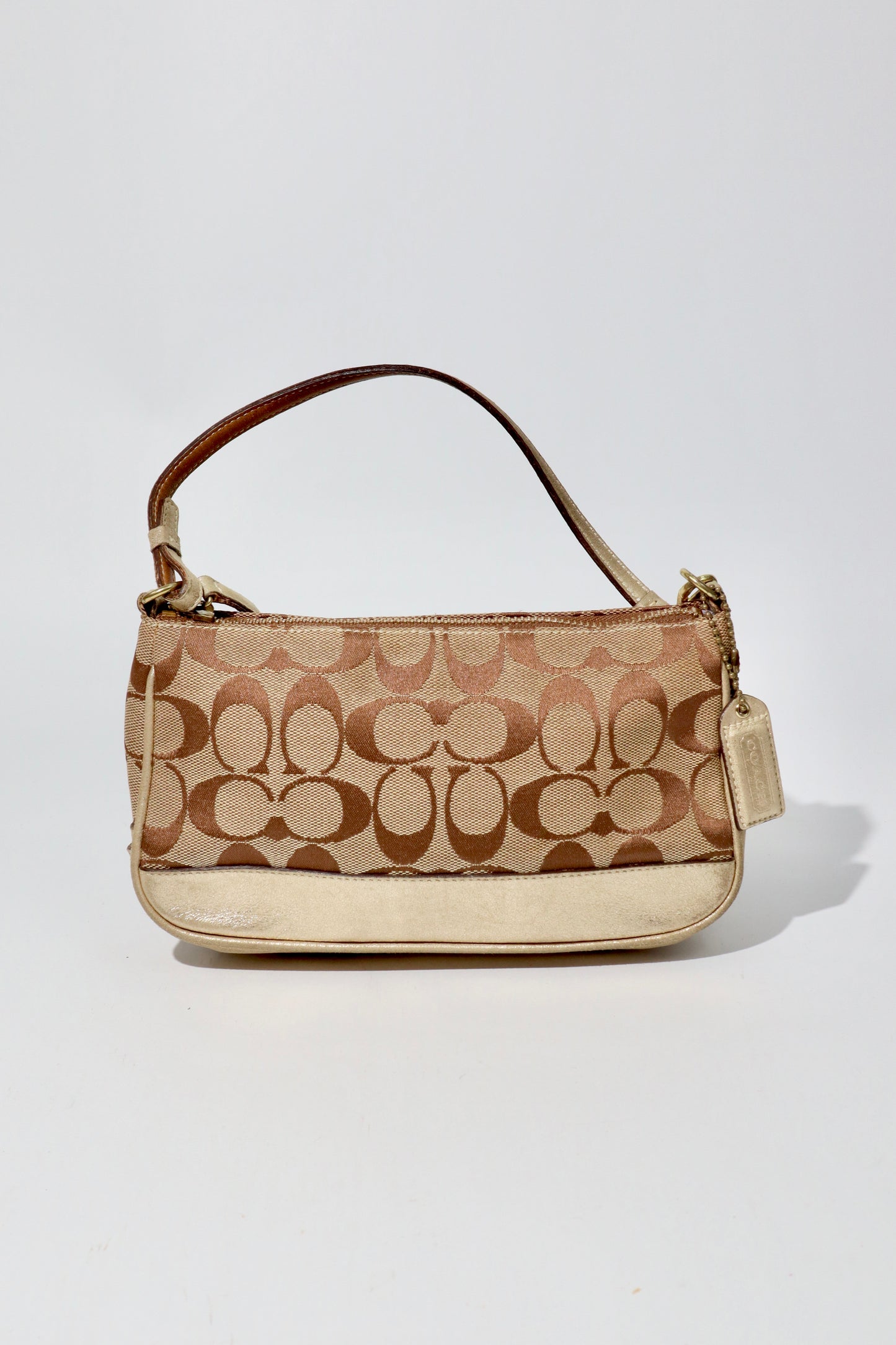 Coach Vintage 2005 Y2K Canvas Mini Pouch Brown & Gold front view with leather handle