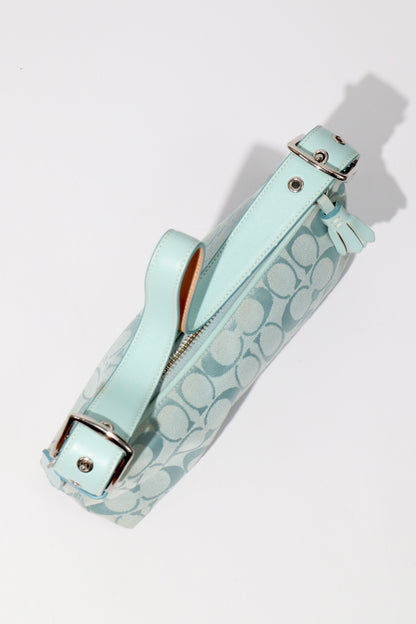 Coach Vintage 2004 Turquoise Demi Shoulder Bag close-up of leather strap and silver hardware