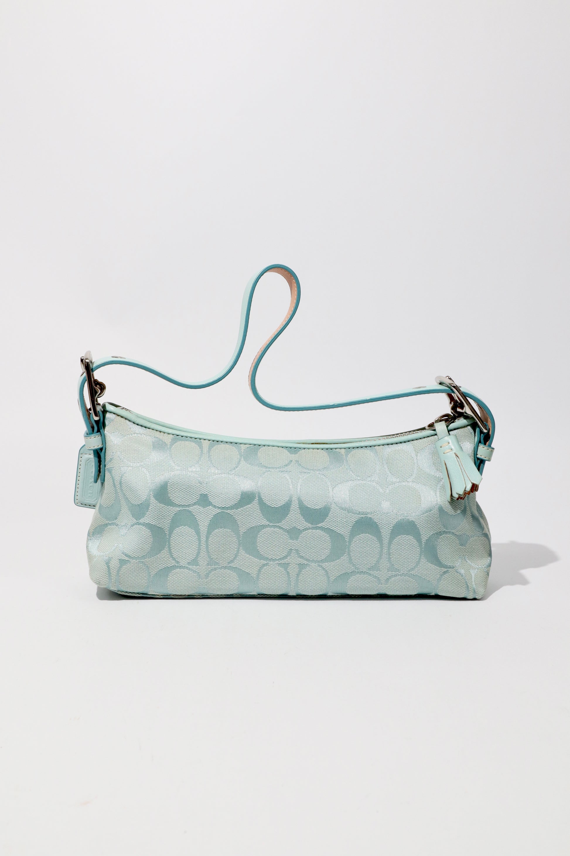 Coach Vintage 2004 Turquoise Demi Shoulder Bag front view with leather and canvas design
