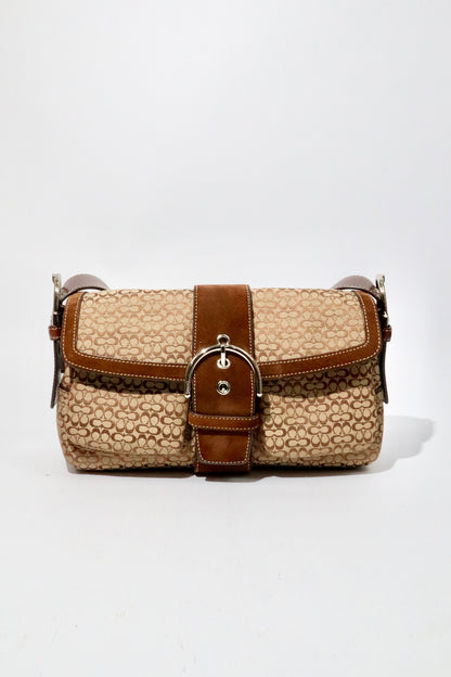 Coach 2005 Vintage Soho Buckle Shoulder Bag in Brown Suede front view with buckle detail