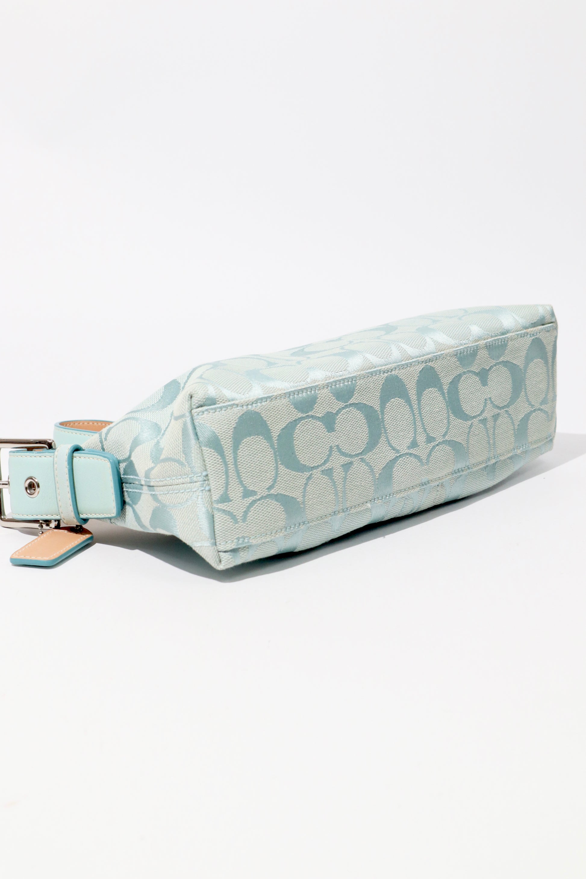 Coach Vintage 2004 Turquoise Demi Shoulder Bag bottom view with leather and canvas detail