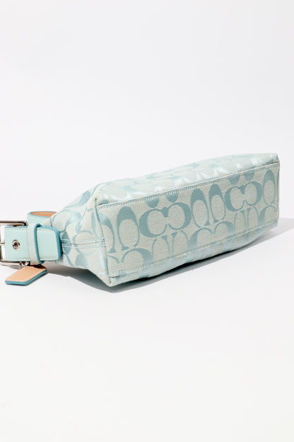 Coach Vintage 2004 Turquoise Demi Shoulder Bag bottom view with leather and canvas detail