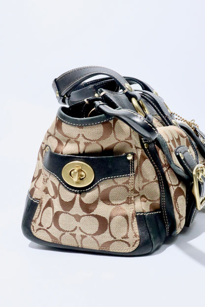Coach Brown Signature 65th Anniversary Legacy Turnlock Rare Edition handbag featuring a unique design and luxe materials.