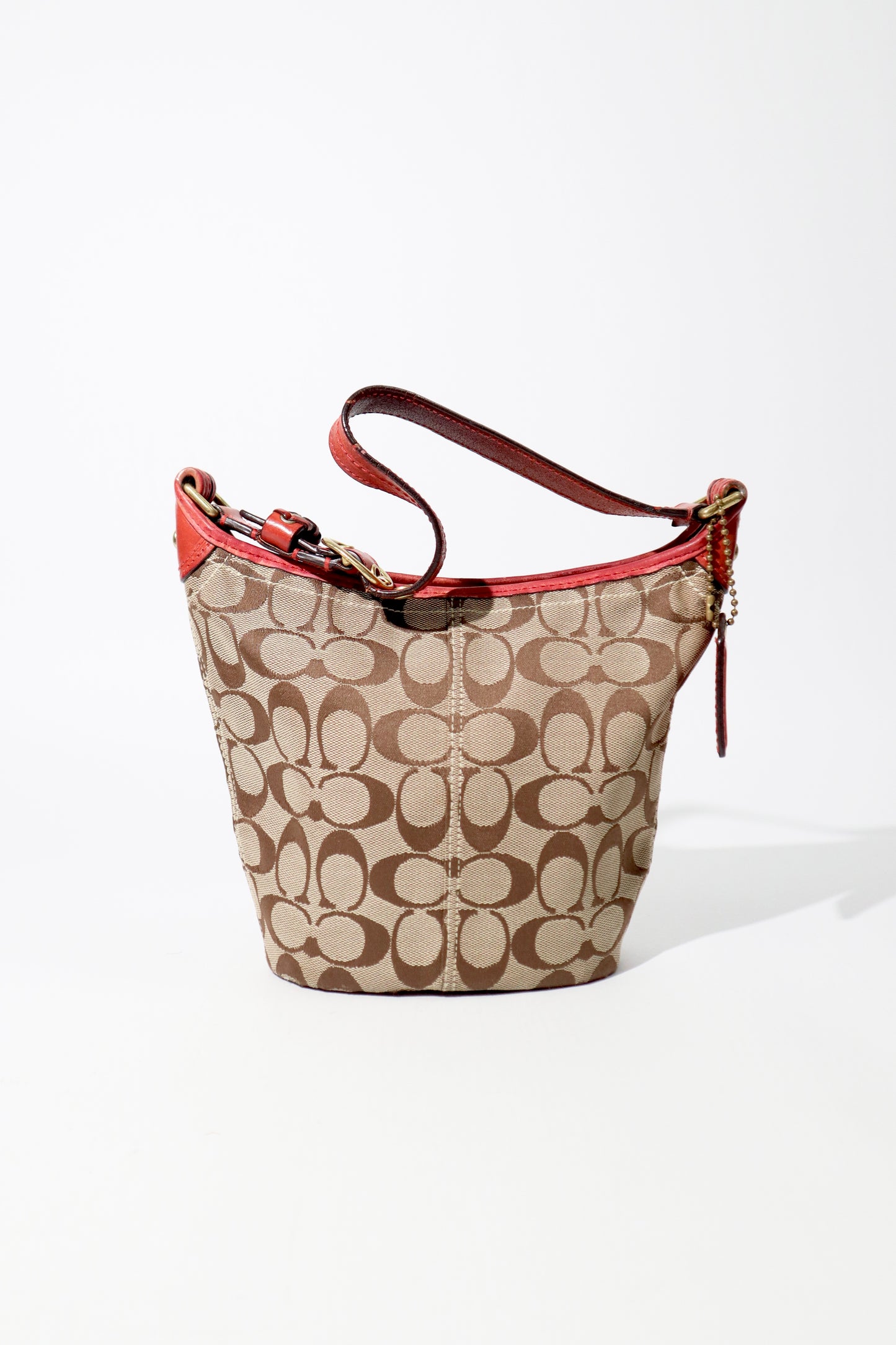 Vintage Coach 40896 Signature Monogram Bucket Shoulder Bag with Red Leather Trim