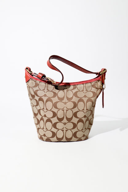 Vintage Coach 40896 Signature Monogram Bucket Shoulder Bag with Red Leather Trim