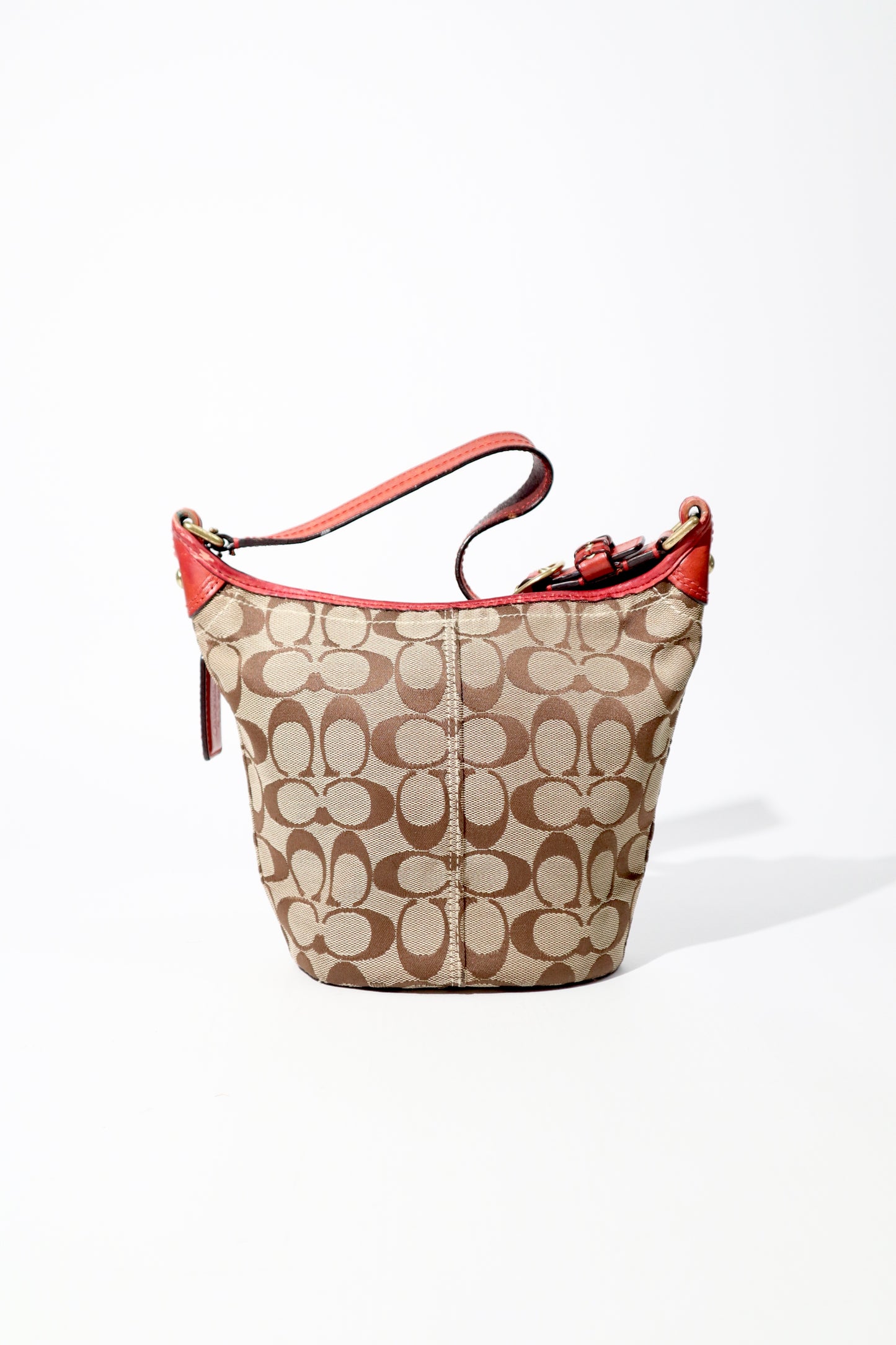 Vintage Coach 40896 Signature Monogram Bucket Shoulder Bag with Red Leather Trim