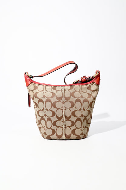Vintage Coach 40896 Signature Monogram Bucket Shoulder Bag with Red Leather Trim