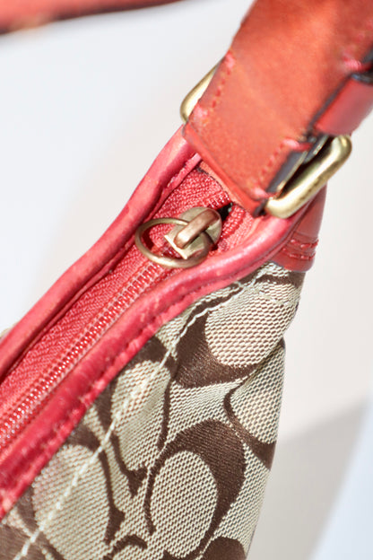 Vintage Coach 40896 Signature Monogram Bucket Shoulder Bag with Red Leather Trim