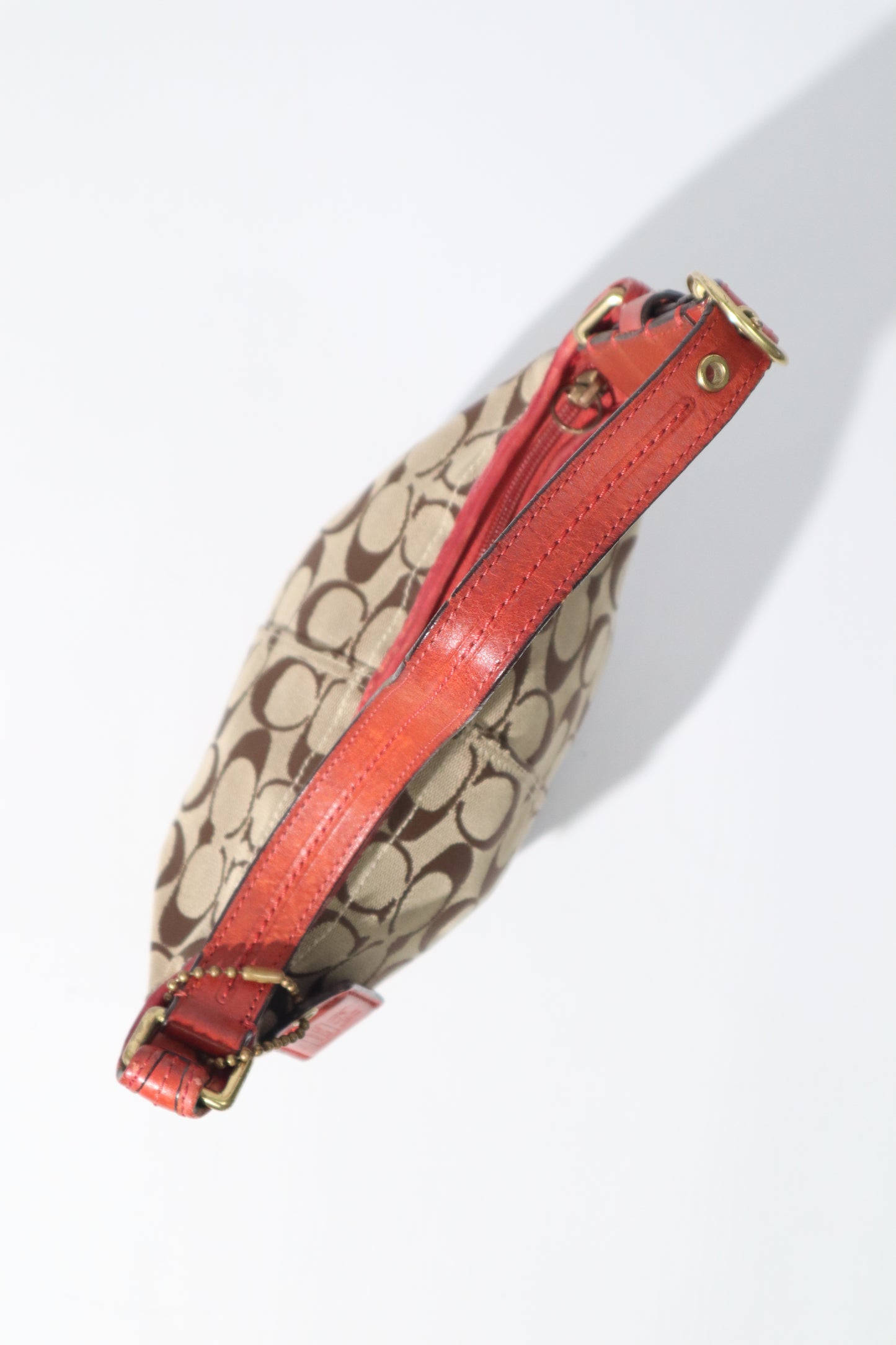 Vintage Coach 40896 Signature Monogram Bucket Shoulder Bag with Red Leather Trim