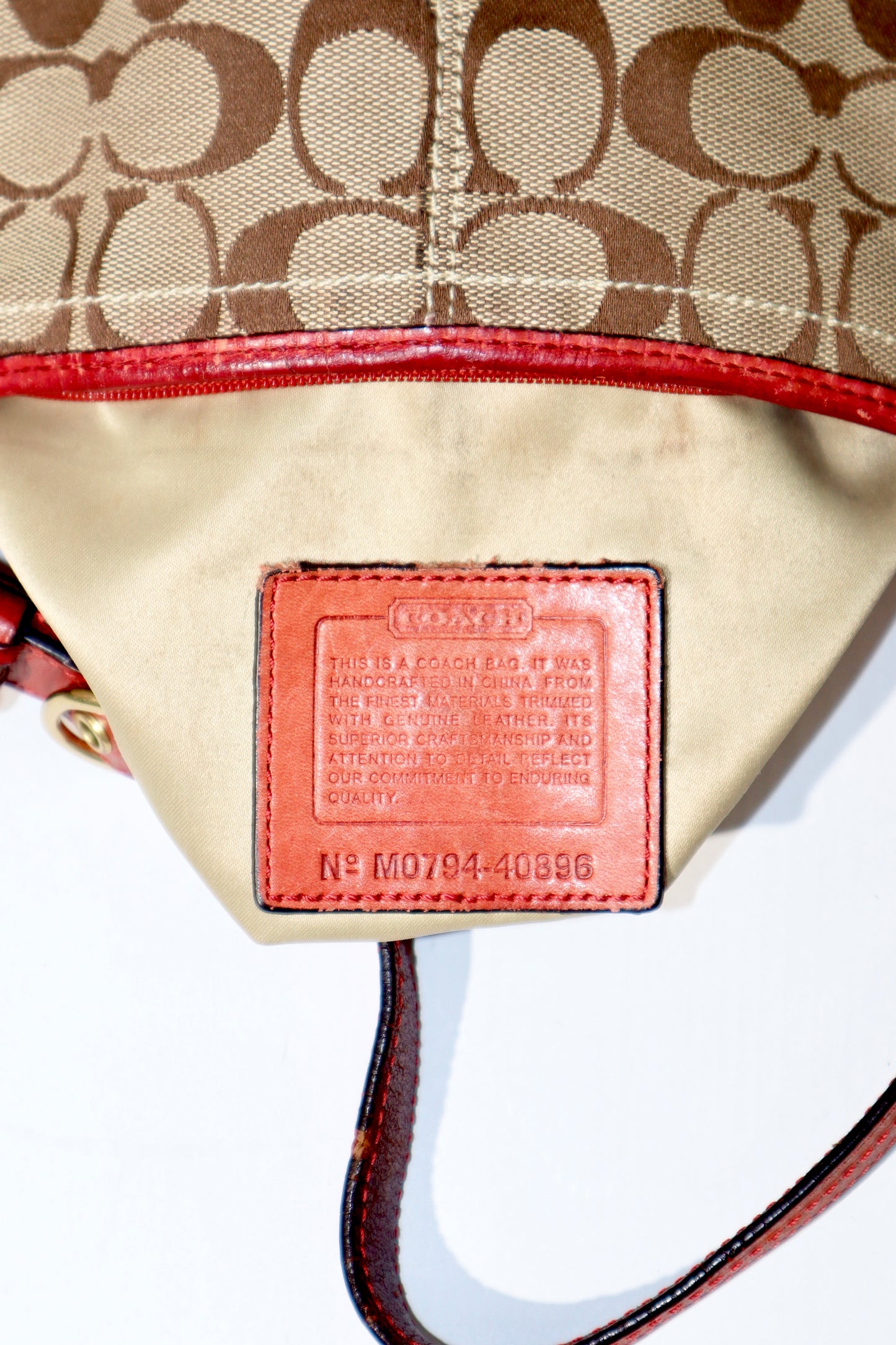 Vintage Coach 40896 Signature Monogram Bucket Shoulder Bag with Red Leather Trim