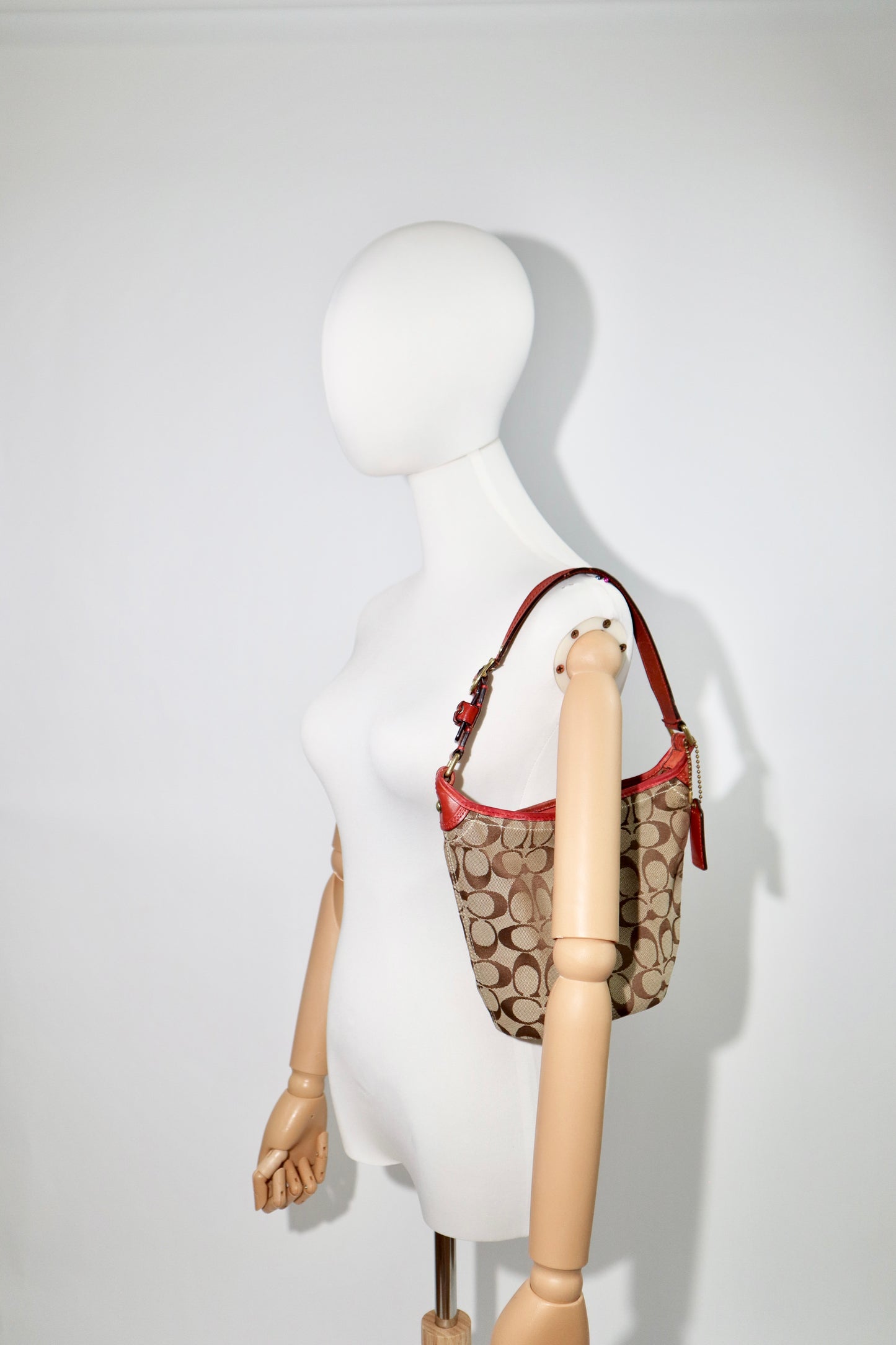 Vintage Coach 40896 Signature Monogram Bucket Shoulder Bag with Red Leather Trim