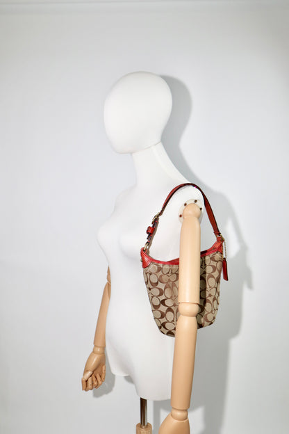 Vintage Coach 40896 Signature Monogram Bucket Shoulder Bag with Red Leather Trim
