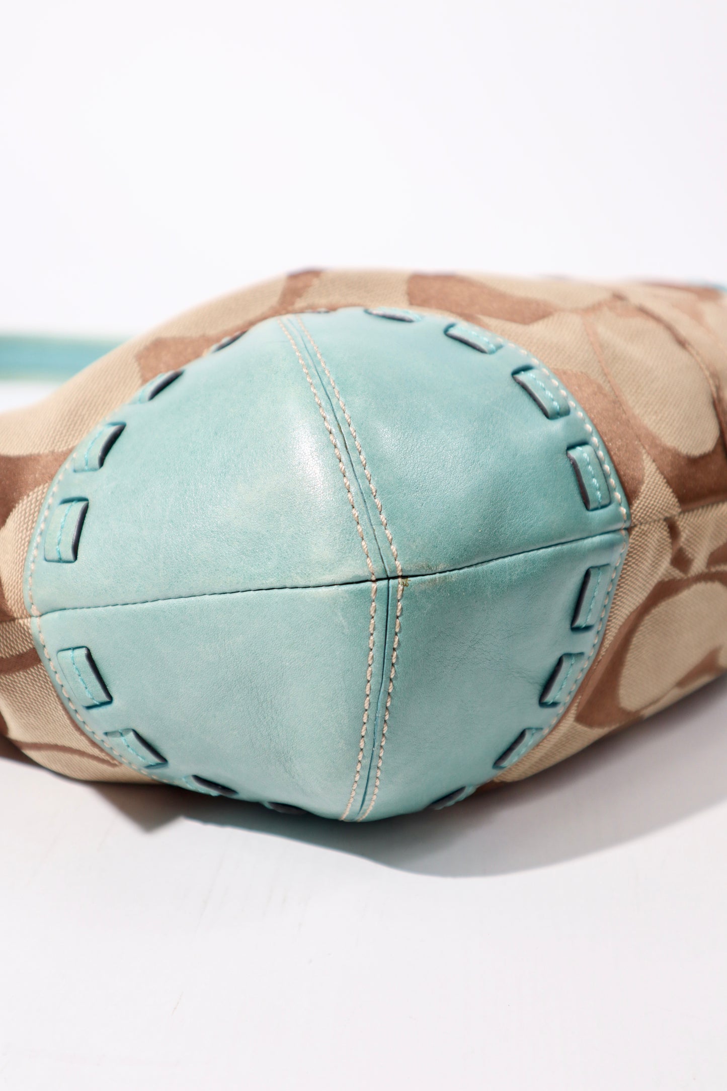 Vintage Coach Ergo Shoulder Bag 12227 in Signature Canvas with Turquoise Leather Trim