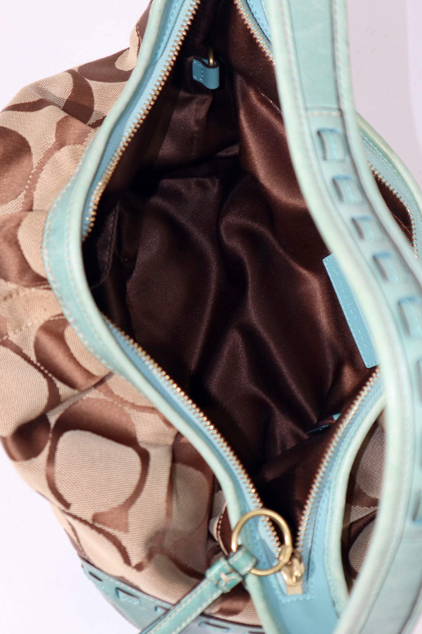 Vintage Coach Ergo Shoulder Bag 12227 in Signature Canvas with Turquoise Leather Trim