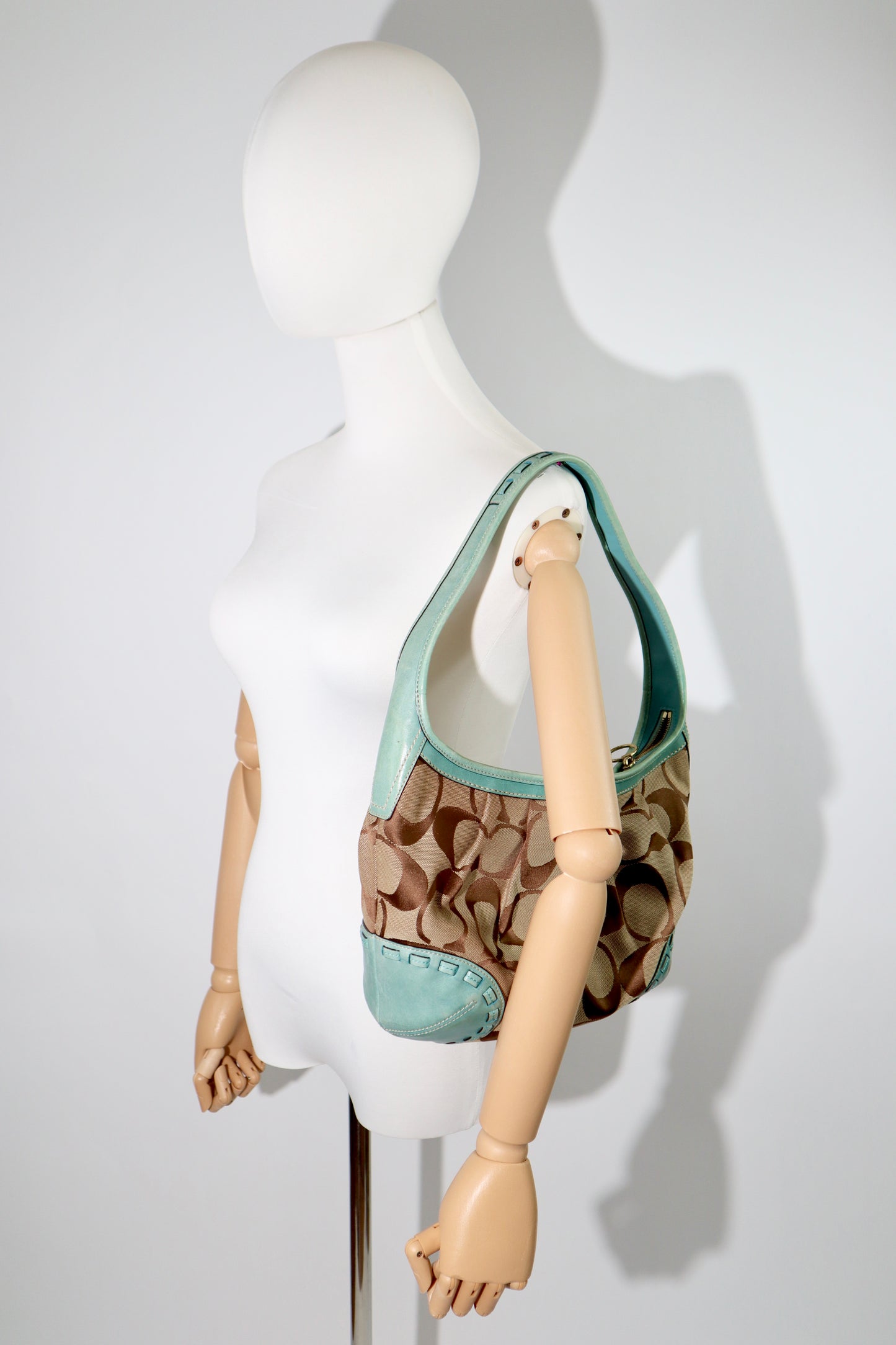 Vintage Coach Ergo Shoulder Bag 12227 in Signature Canvas with Turquoise Leather Trim