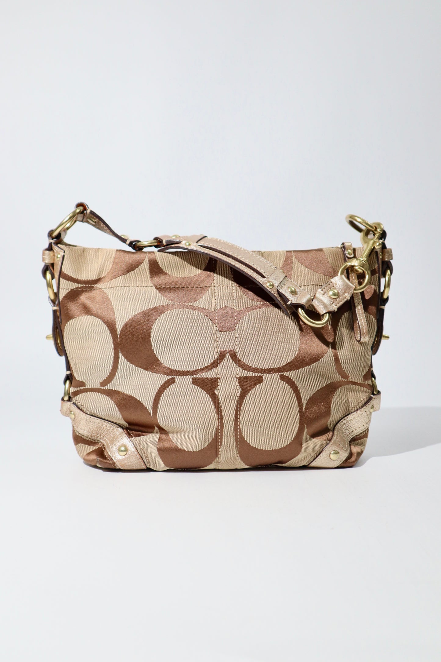 Coach Signature Studded Shoulder Bag with Rose Gold Leather Detail - 10619