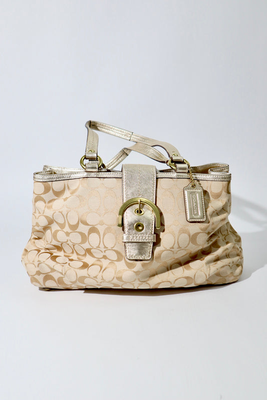 Vintage Coach Soho F18750 Tote Shoulder Bag in Beige & Gold