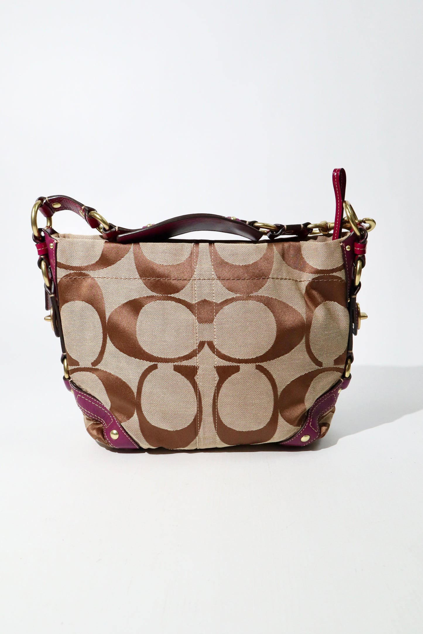 Coach Signature Studded Shoulder Bag with Purple Gold Leather Detail - 12871