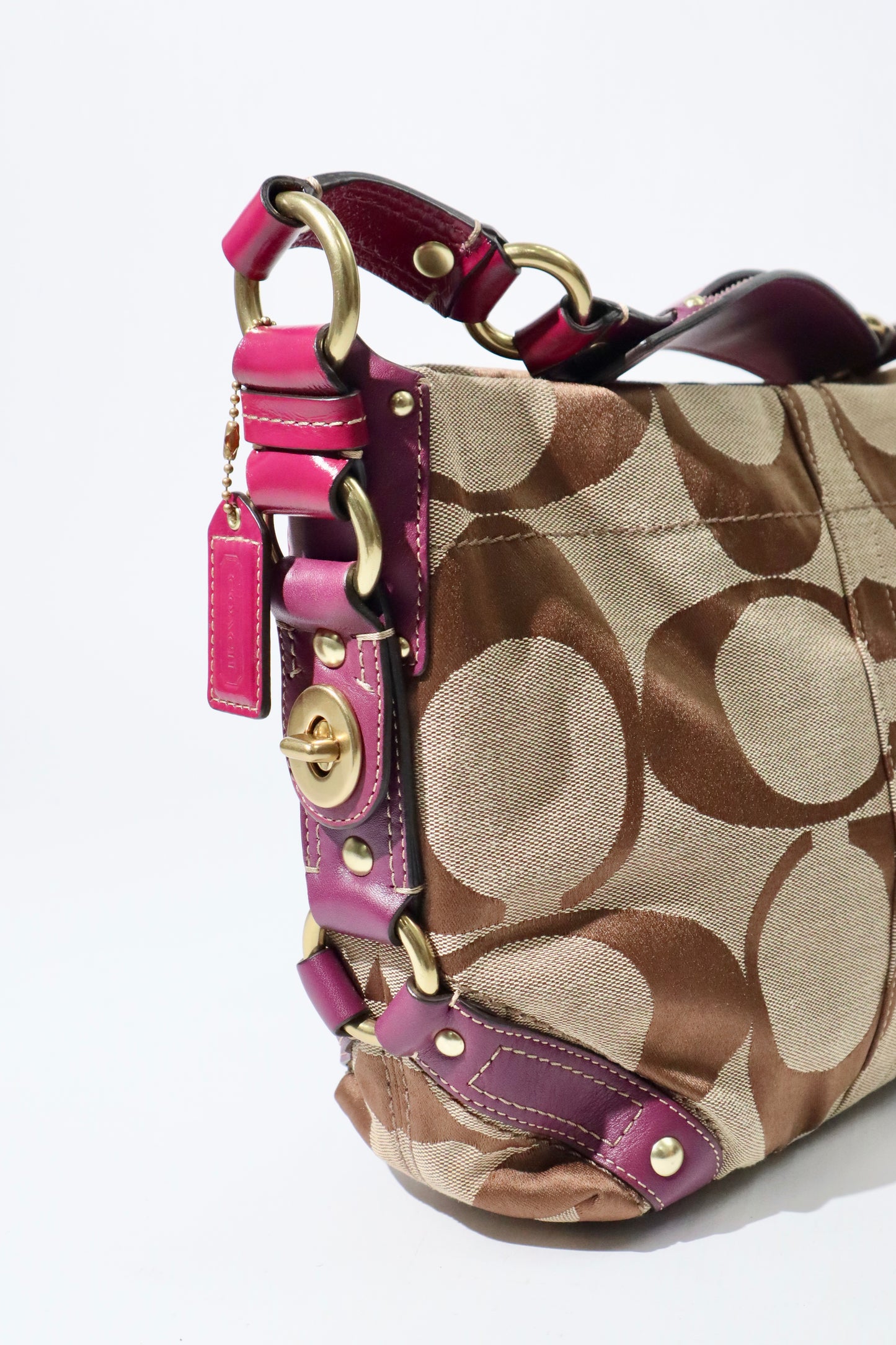 Coach Signature Studded Shoulder Bag with Purple Gold Leather Detail - 12871