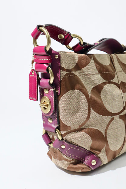 Coach Signature Studded Shoulder Bag with Purple Gold Leather Detail - 12871