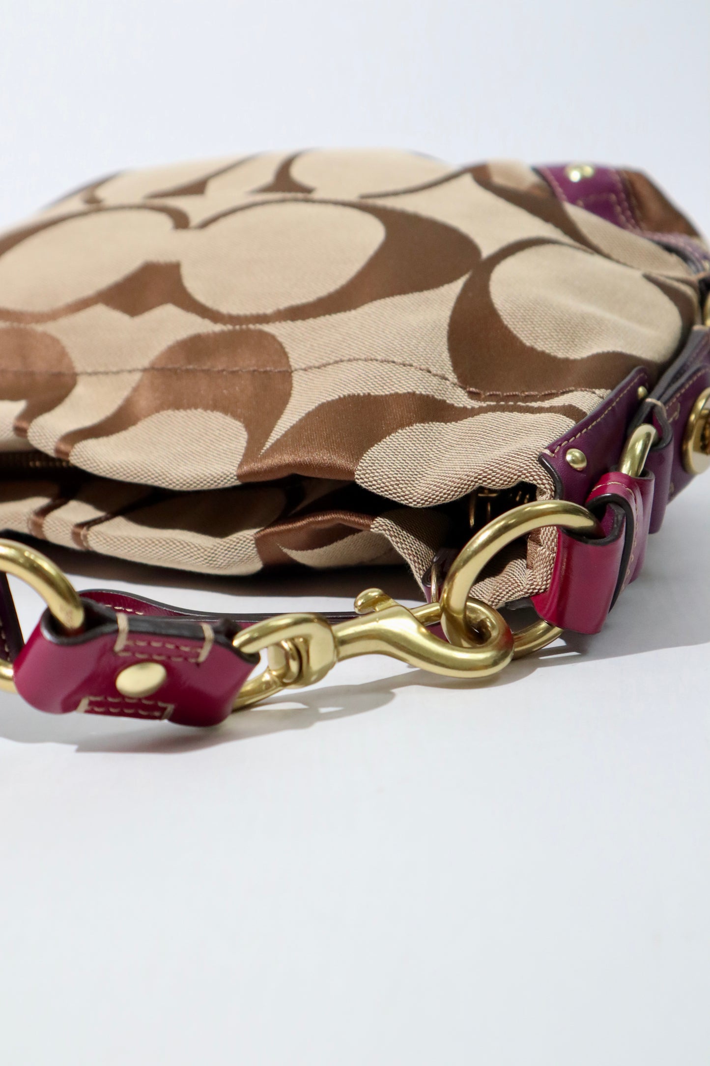 Coach Signature Studded Shoulder Bag with Purple Gold Leather Detail - 12871