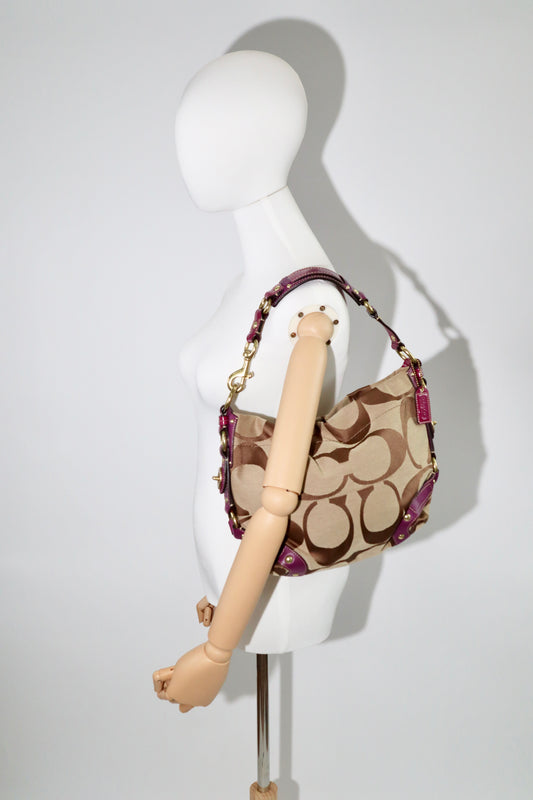 Coach Signature Studded Shoulder Bag with Purple Gold Leather Detail - 12871