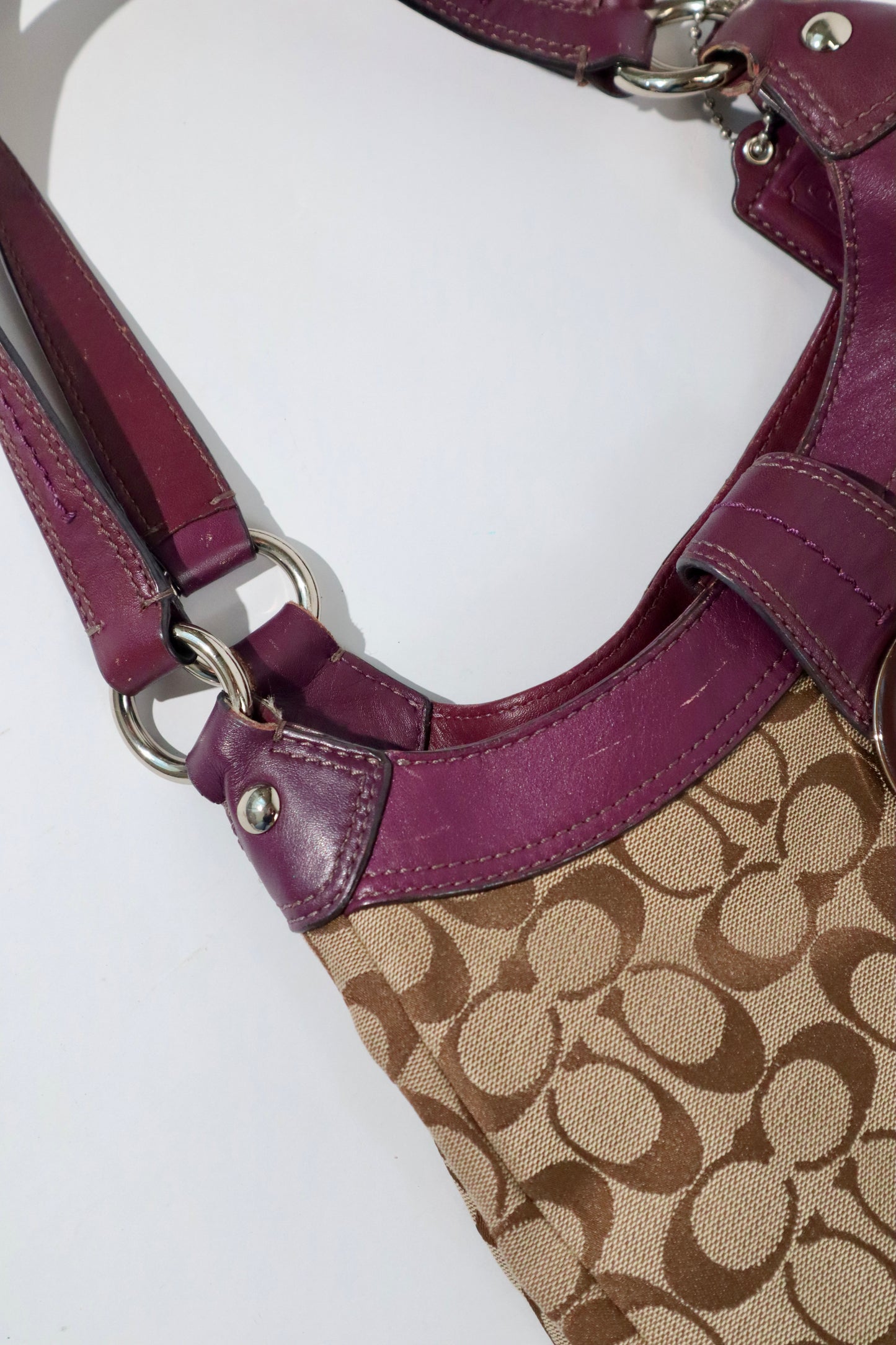 Vintage Coach Soho Shoulder Bag in Brown with Purple Leather Trim (F17403)
