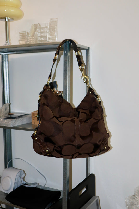 Coach Signature Canvas Carly Shoulder Bag in Chocolate Brown - Large (10620)