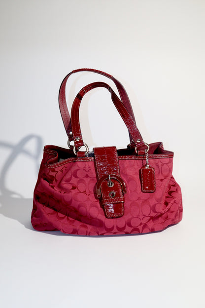 Vintage Coach Soho F18750 Tote Shoulder Bag Red Signature Canvas Patent Leather | Rare Y2K