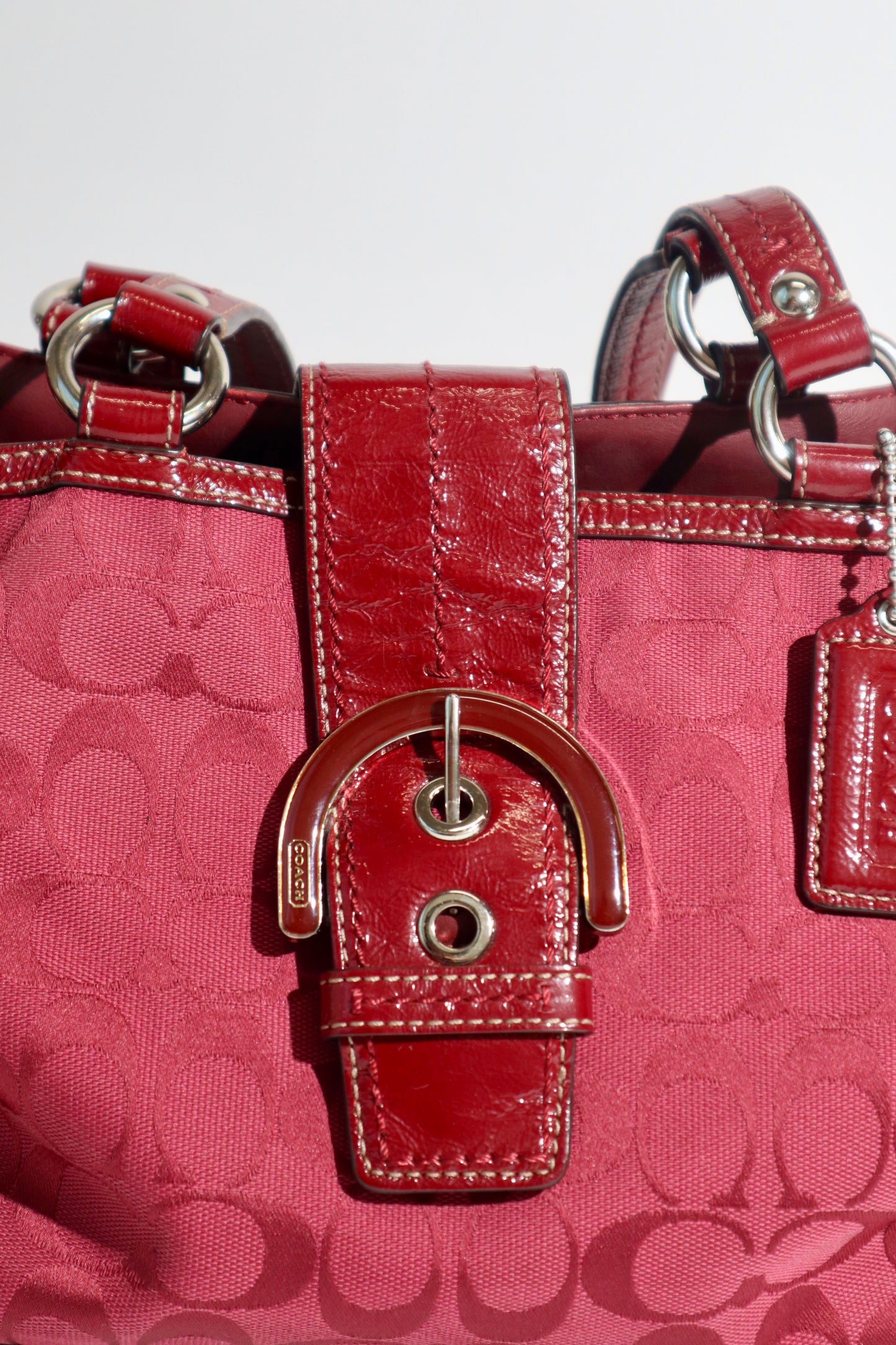 Vintage Coach Soho F18750 Tote Shoulder Bag Red Signature Canvas Patent Leather | Rare Y2K