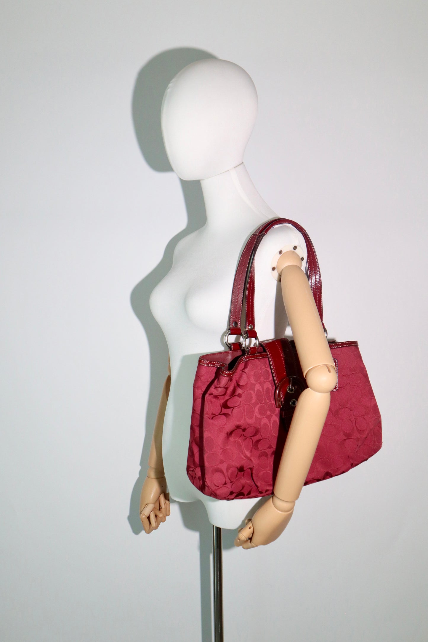 Vintage Coach Soho F18750 Tote Shoulder Bag Red Signature Canvas Patent Leather | Rare Y2K