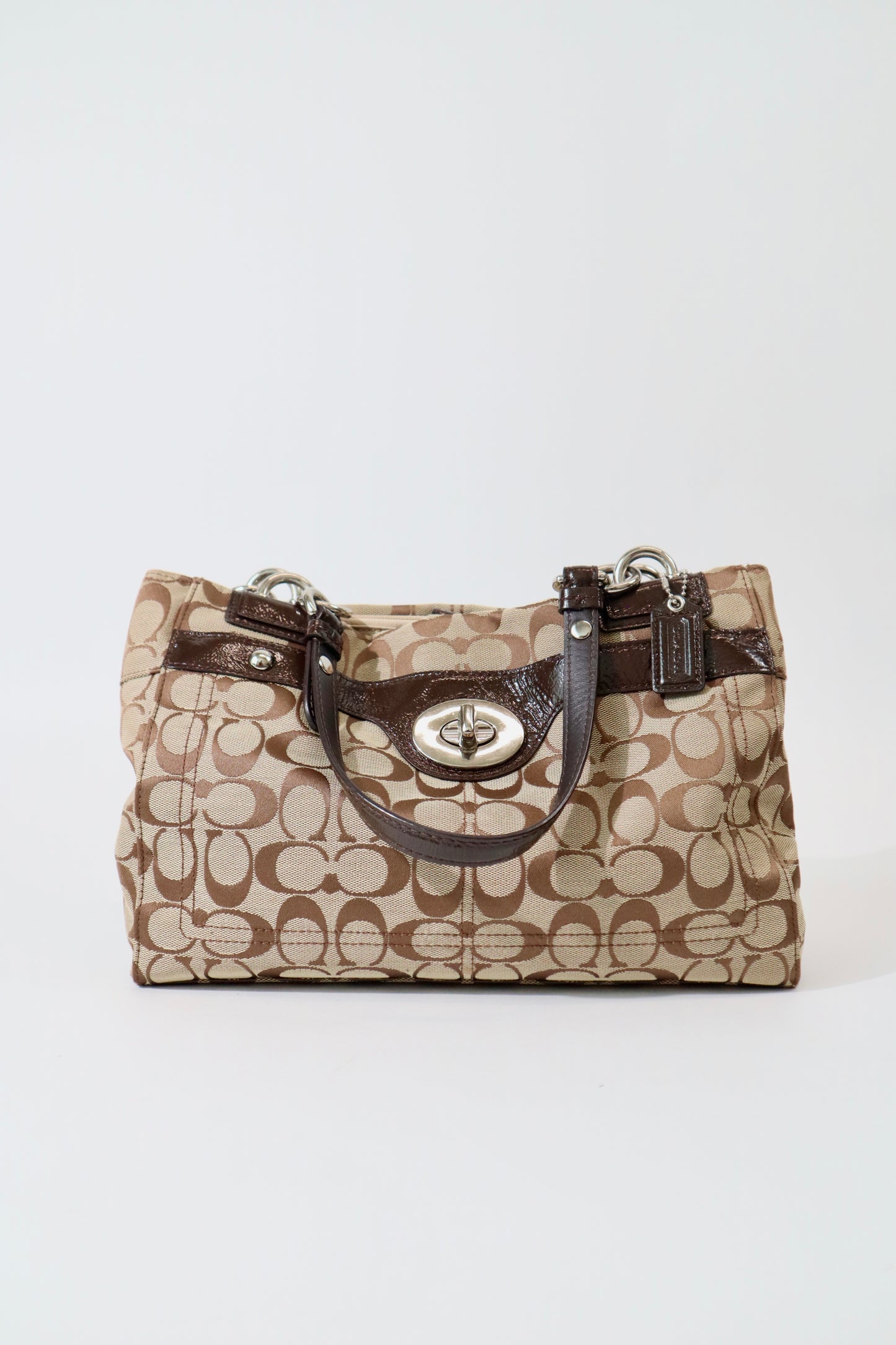 Vintage Coach Turnlock Tote Shoulder Bag (F16540) – Signature Canvas & Brown Leather