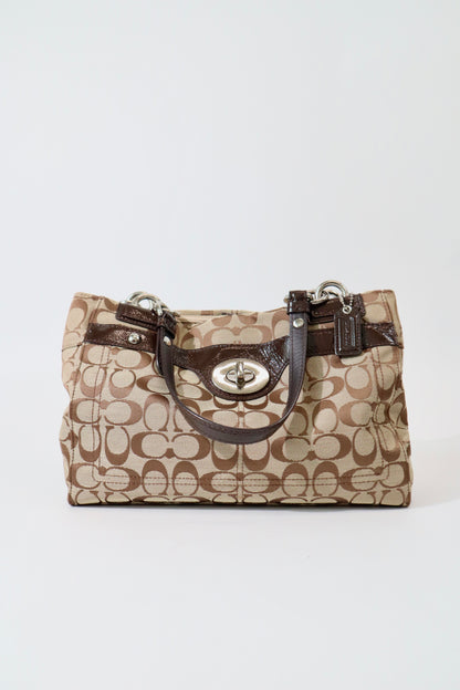 Vintage Coach Turnlock Tote Shoulder Bag (F16540) – Signature Canvas & Brown Leather