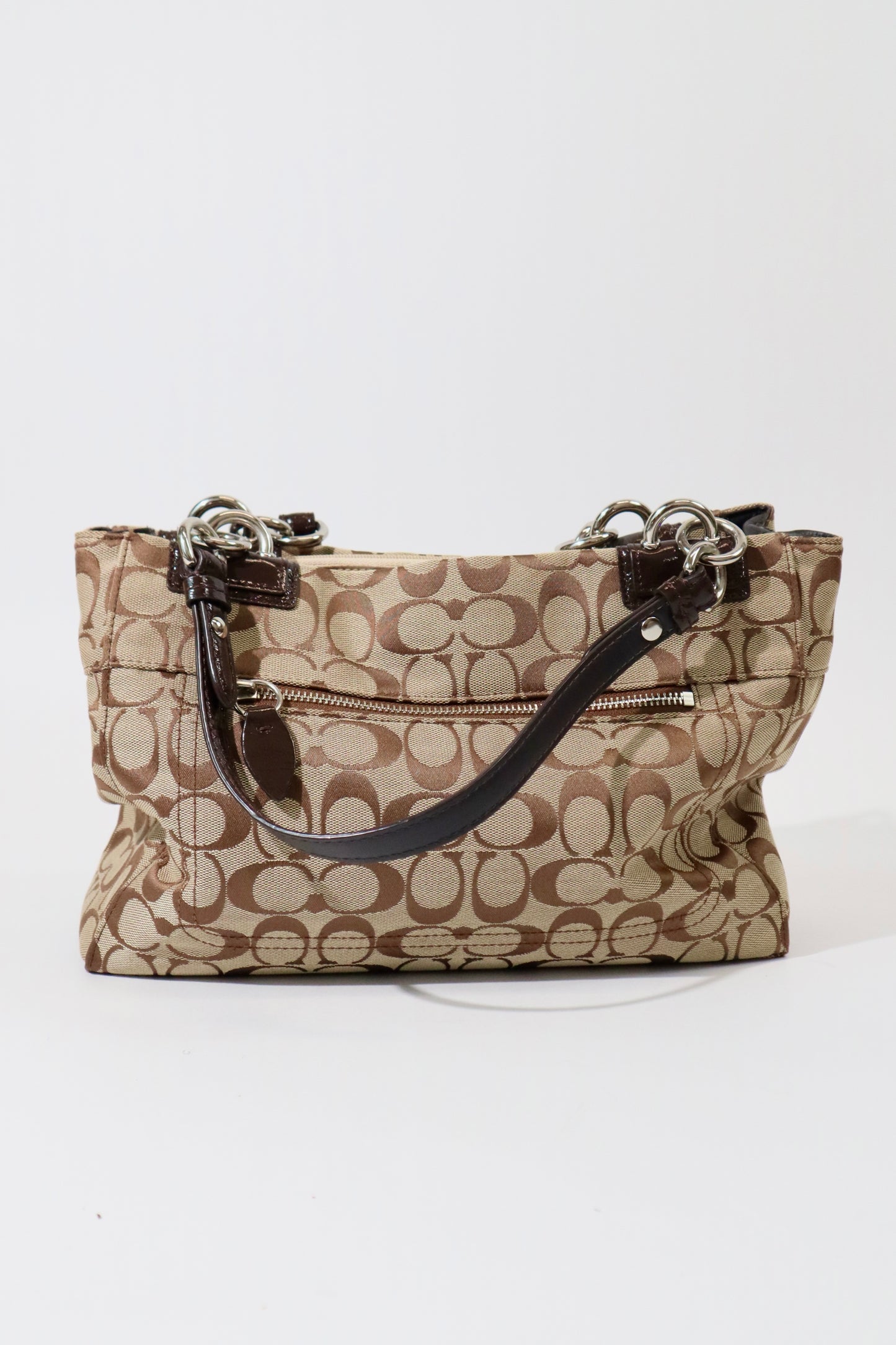 Vintage Coach Turnlock Tote Shoulder Bag (F16540) – Signature Canvas & Brown Leather