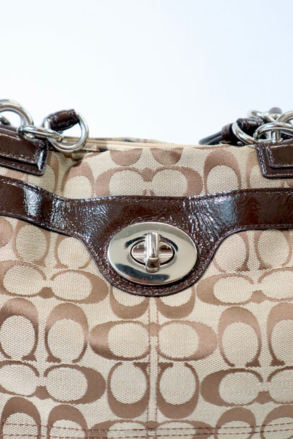 Vintage Coach Turnlock Tote Shoulder Bag (F16540) – Signature Canvas & Brown Leather