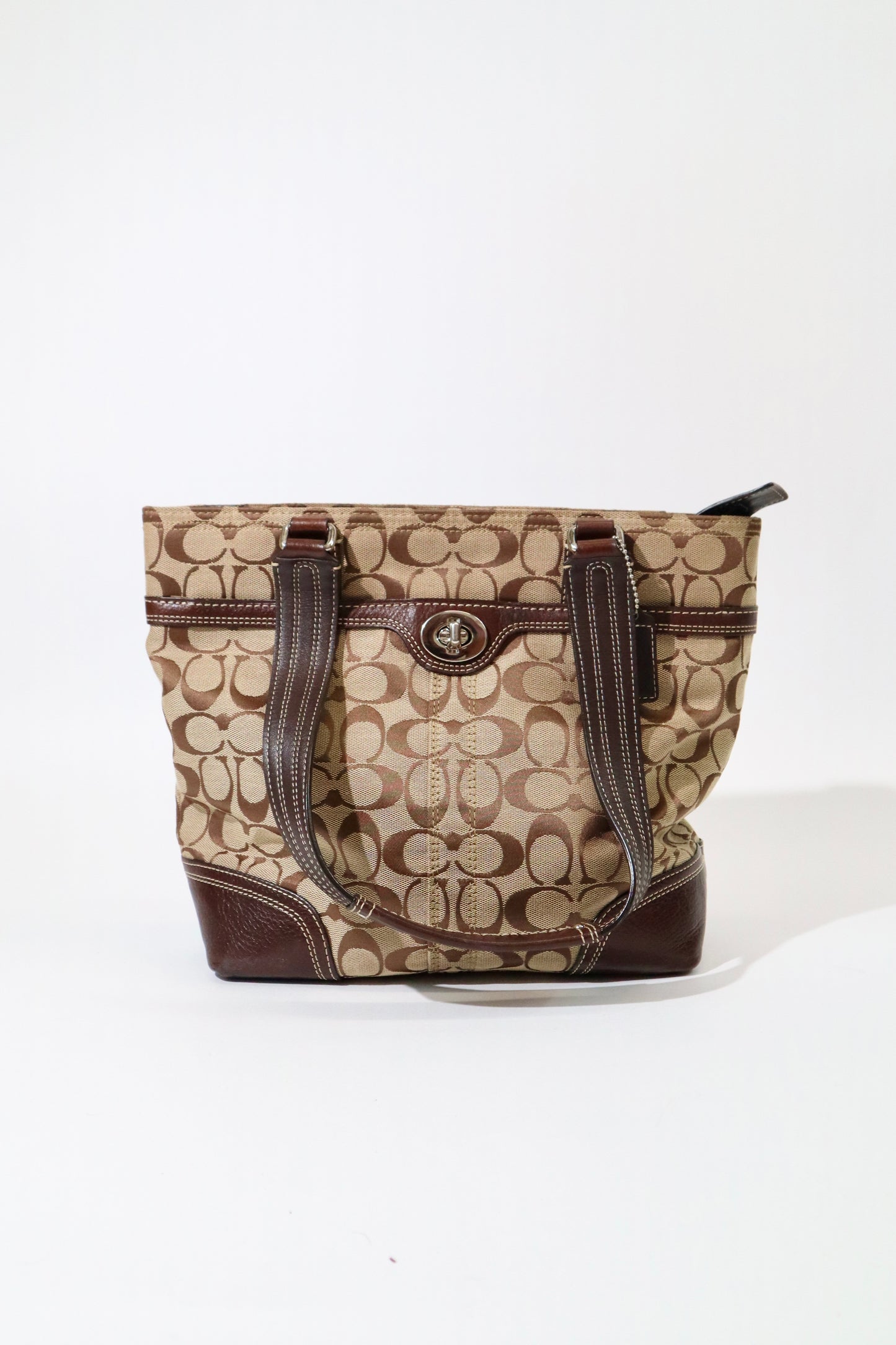 Coach Vintage Hampton Signature Shoulder Bag with Turnlock in Brown (style F13973)