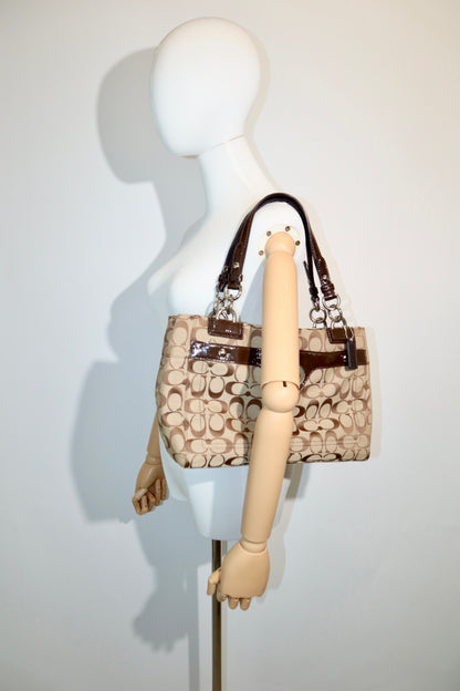 Vintage Coach Turnlock Tote Shoulder Bag (F16540) – Signature Canvas & Brown Leather
