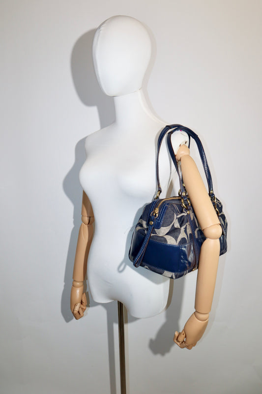Vintage Coach 12551 Denim Signature Boston Shoulder Bag – Blue Denim & Leather